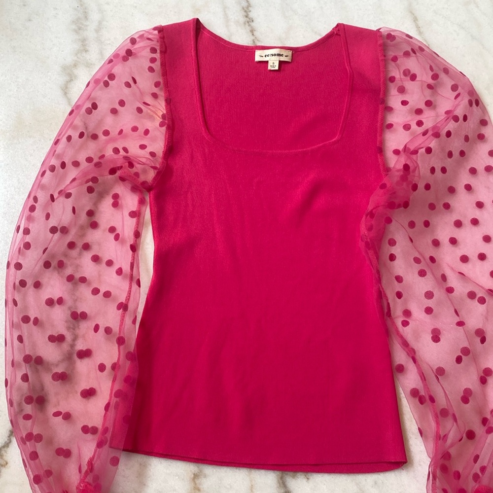 Retro Square Neck Tops Slim Fit Semi Sheer 3/4 Mesh Sleeve Top